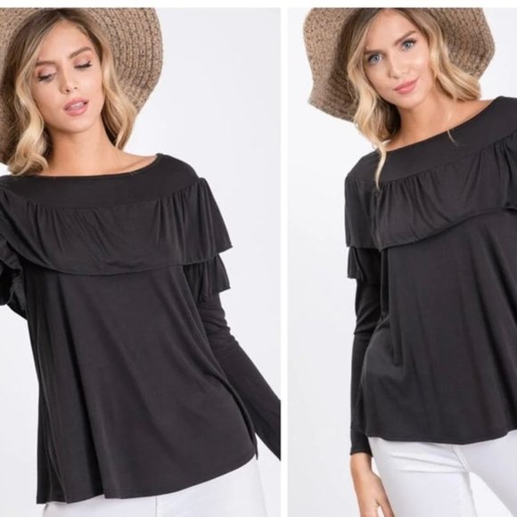 Hailey & Co. Reba Long Sleeve Ruffle Basic Blouse Bohemian Top Black New Medium - Picture 4 of 13